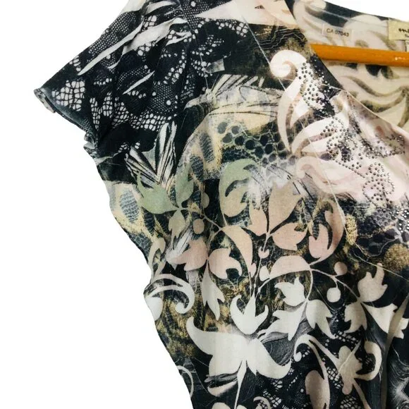 One World Womens Flutter Sleeve Top Sz Large Floral Pattern Embellished - Picture 5 of 11
